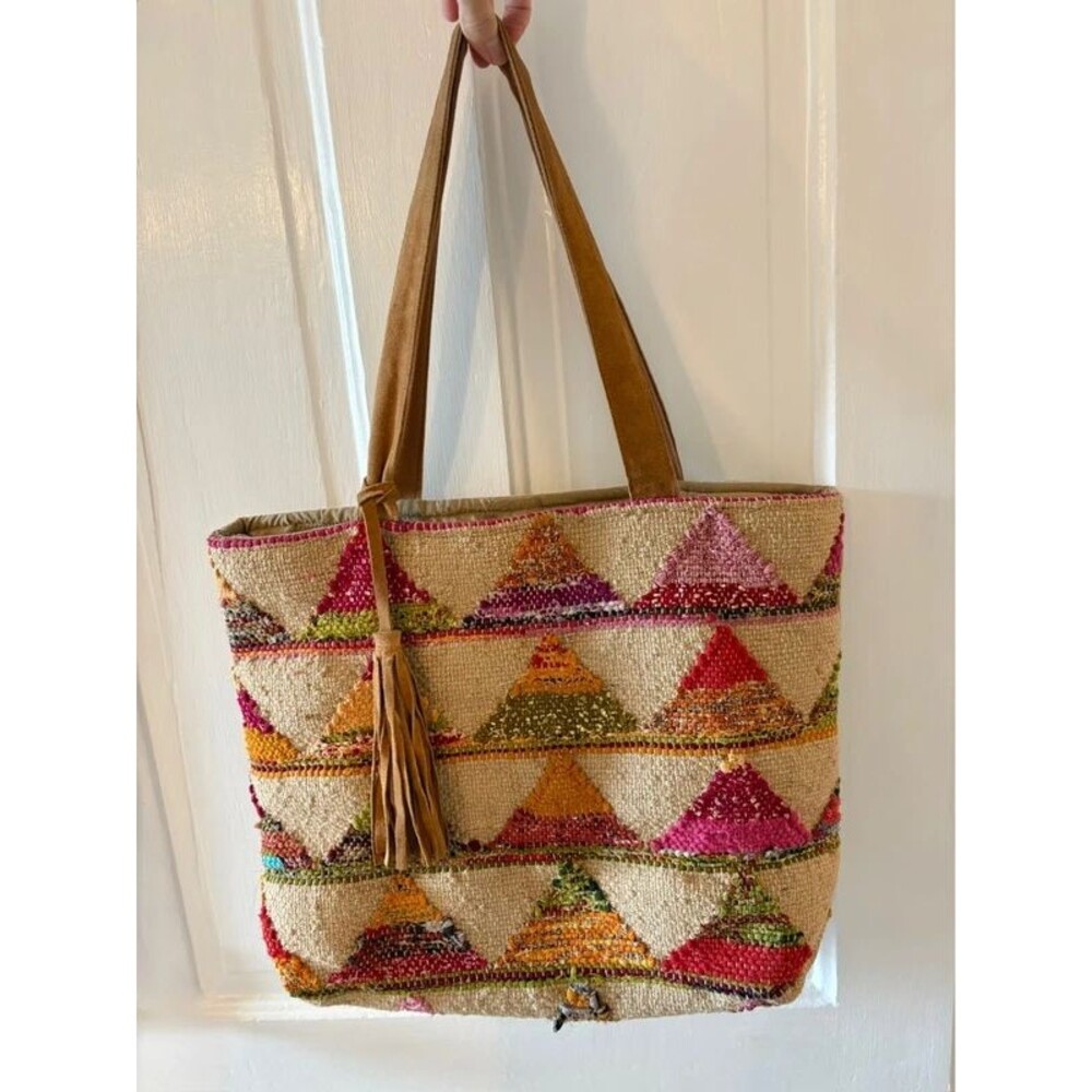 Lovestitch Multicolored Boho Woven Jute Tote Bag with Suede Tassels